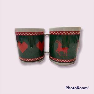 (2)Vntg Northwood Christmas sweater Mug hearts and Deers 1992 C.J Moore 12 oz